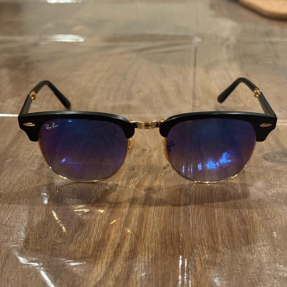 Ray-Ban Black and Gold folding Clubmaster Sunglasses w/ blue lenses
